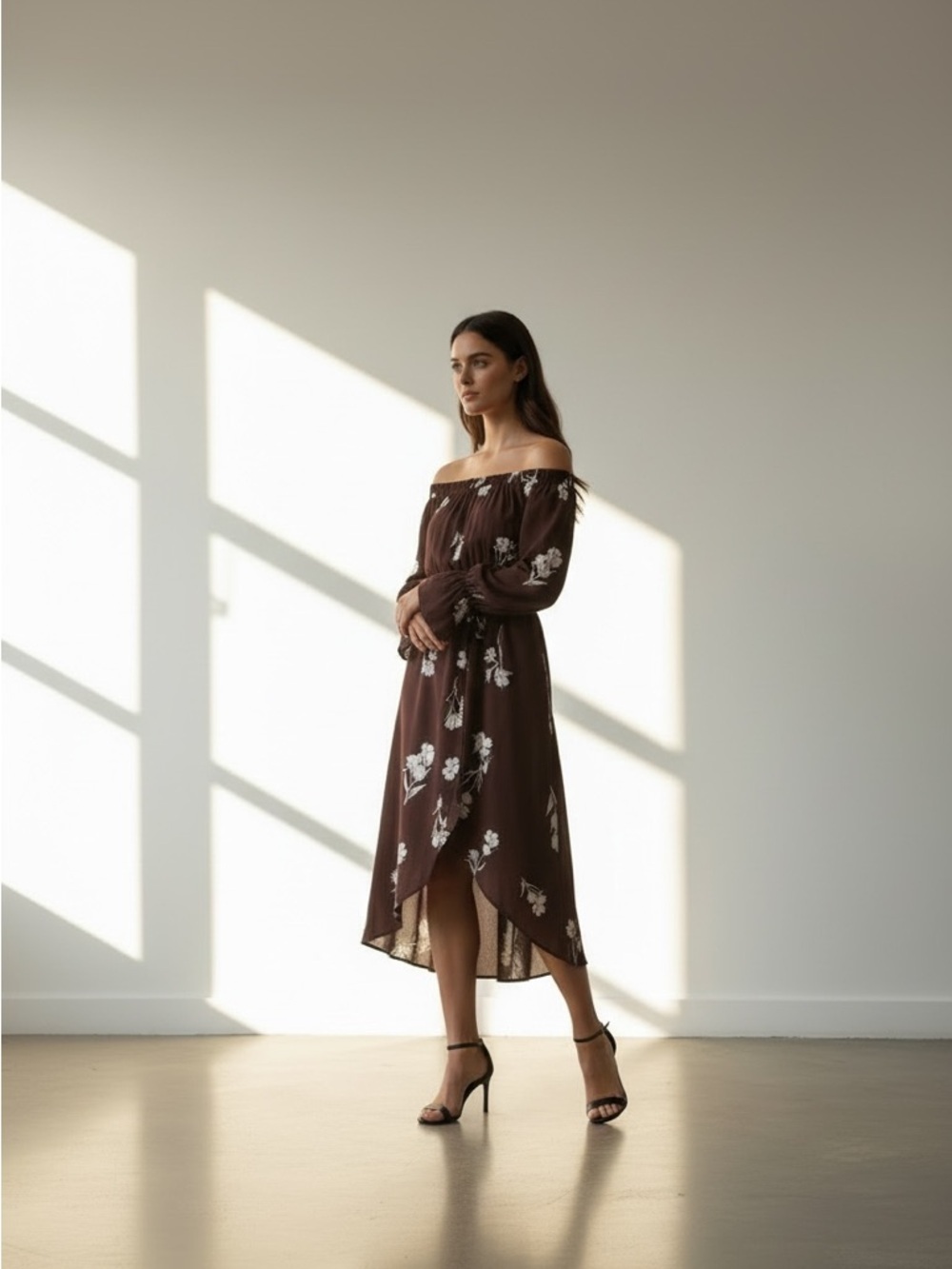 Dress Forum One-Shoulder Brown Floral Midi Dress - Picture 3 of 4